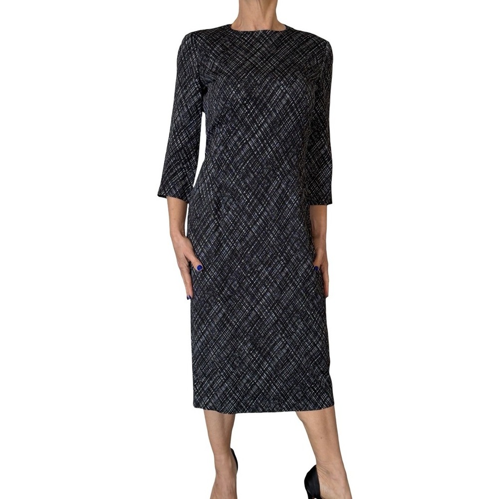 Michael Kors Collection Italy Women 8 Black Printed Dress 3/4 Sleeve Sheath Midi